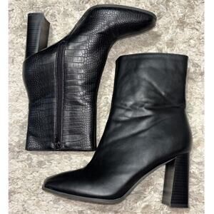 Black‎ Faux leather Croc Block Heel Ankle Boots Square Toe Side Zip Size 10 new
